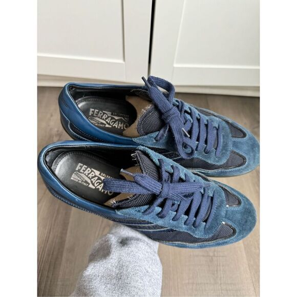 Salvatore Ferragamo Navy Blue Fabric and Leather Lace Up Low Top Sneakers Size 8 main image 5
